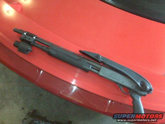 shotgun with flashlight on red car hood