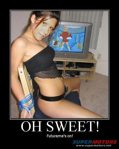 Woman tied to chair watching Futurama on TV