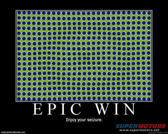 Optical illusion with blue dots on green background and text 'EPIC WIN'