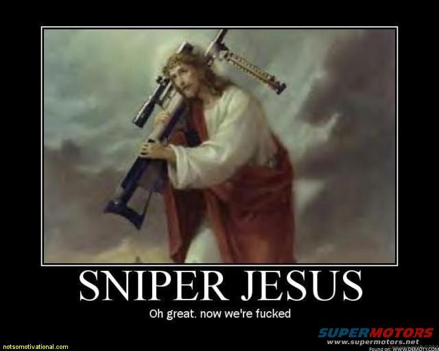 Jesus holding a sniper rifle over his shoulder, with text 'SNIPER JESUS' below
