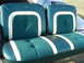 1979 Ford F-150 - Interior bench seat with green and white upholstery, likely from a classic vehicle.