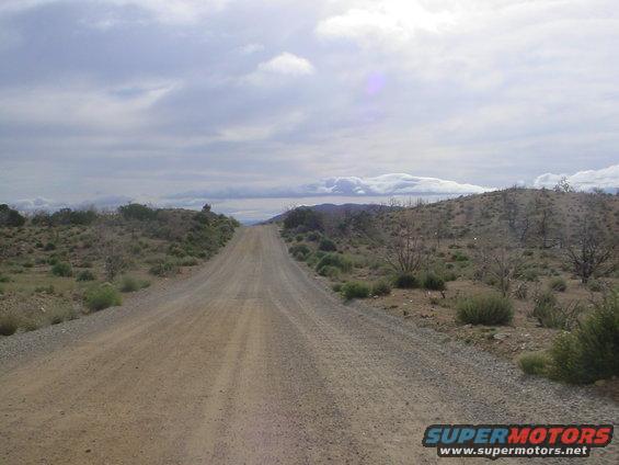 Dirt road through desert landscape under cloudy sky