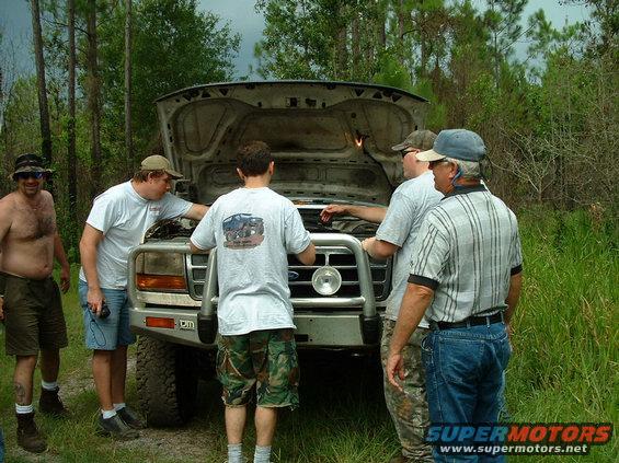 trailfix1.jpg This happened on Stump Trail, after a deep water crossing my engine started making some noise, fortunately it was only the fan hitting the shroud.