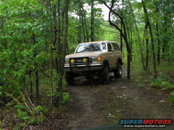 Tan Ford Bronco with off-road tires driving on a muddy trail through a forest. It has yellow auxiliary lights on the front