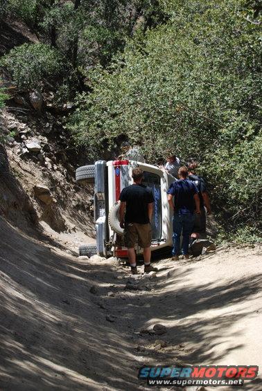 SUV on its side on a steep dirt trail with people around it