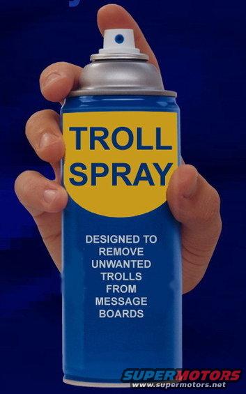 Hand holding blue and yellow can labeled "Troll Spray" with text about removing trolls