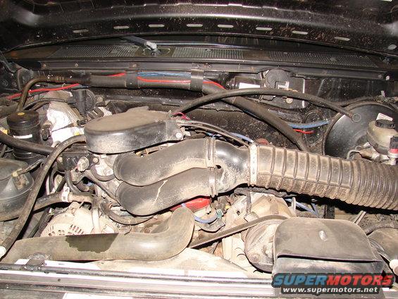 Engine bay with hoses, wiring, and air intake components visible