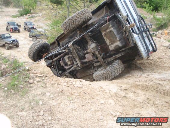 Upside-down SUV on dirt track with other vehicles nearby