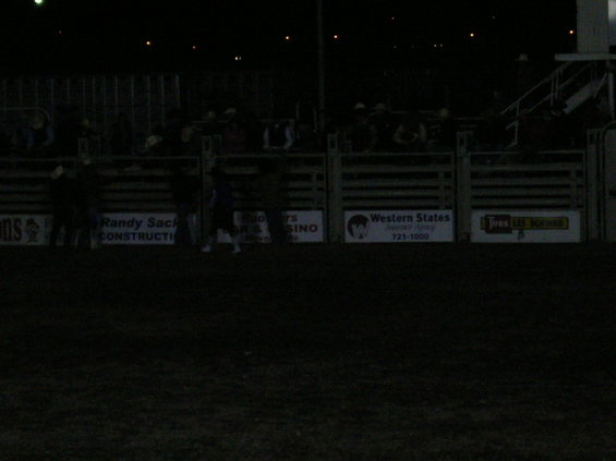 Rodeo arena at night with spectators in the stands and advertisements on the barriers