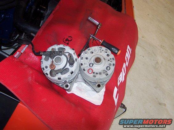 100_2618.jpg swapping alternators; I had a good used spare Motorcraft 60 amp alternator so I retired the Autolite due to not charging anymore.