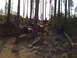1989 Ford Bronco - A red off-road vehicle is navigating a difficult rocky trail in a wooded area, with several people observing the action.