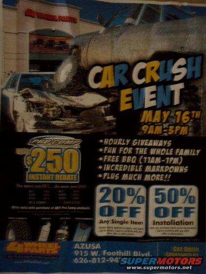 Poster for a car crush event on May 16th, two wrecked cars and advertising discounts and giveaways