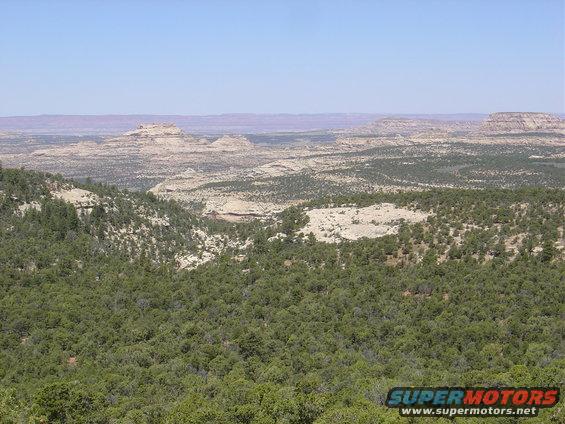 Desert landscape with mesas and trees under a clear blue sky. A watermark reads SUPERMOTORS