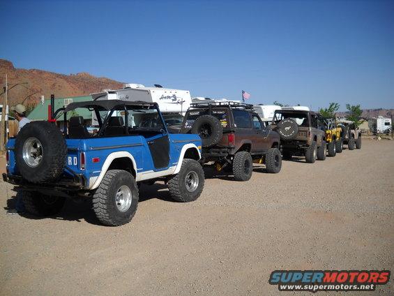 Blue Ford Bronco with spare tire on back, parked in a line with other SUVs