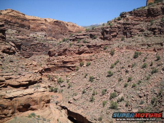 Desert canyon with rocky cliffs and sparse vegetation under a clear blue sky. A dirt path winds through the canyon floor