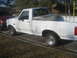 1983 Ford F-250 - A white Ford F-150 pickup truck is parked next to a red vehicle, with gardening tools in the truck bed.