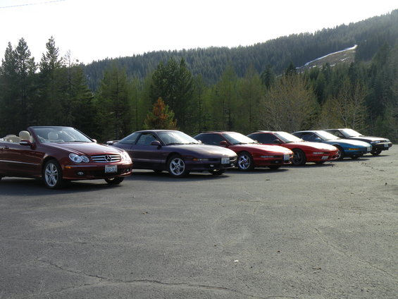 Several sports cars parked in a line with a wooded hillside behind them