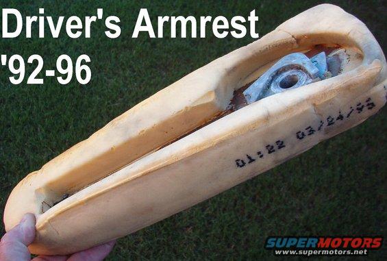 armrest95l.jpg ~'93?-96 Driver's Armrest

This is a later armrest with a bolted pot-metal pivot hole near the bottom edge of the armrest.  The earlier style pivoted closer to the rear, and had a welded steel pivot hole.  Very early driver's armrests didn't have the cam, cable, & spring.  Passenger armrests never got the cable system.

[url=http://www.supermotors.net/registry/media/909004][img]http://www.supermotors.net/getfile/909004/thumbnail/armrests9296.jpg[/img][/url]  . [url=http://www.supermotors.net/registry/media/892743][img]http://www.supermotors.net/getfile/892743/thumbnail/chairscpt9096.jpg[/img][/url]

For new upholstery, check http://stores.ebay.com/RichmondAutoUpholstery?_trksid=p2047675.l2563