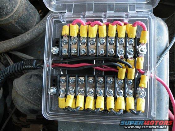 Close-up of a clear plastic fuse box with multiple circuits wired with yellow-capped connectors and red and black wires