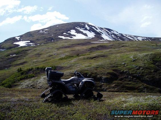 Camouflaged ATV with tracks parked on grassy hillside