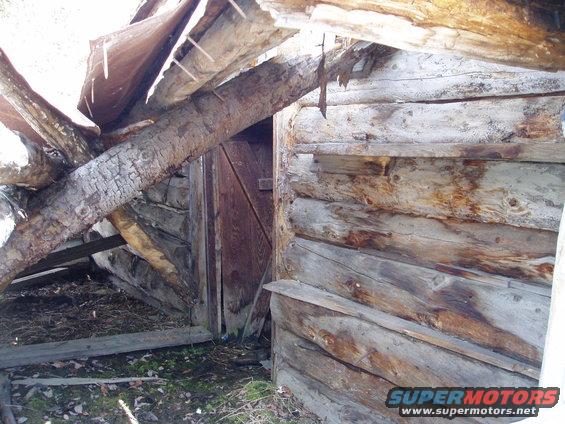 Log cabin with damaged roof and wooden door