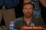 Chuck Norris sitting at a table with a Pepsi can and a name tag