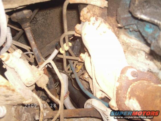 Close-up of engine bay with various hoses, wires, and metal parts visible