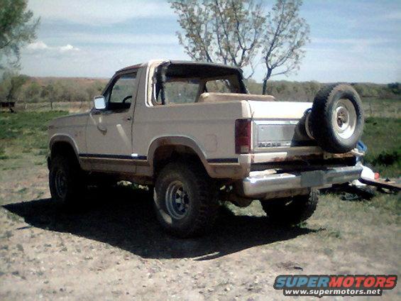 Tan 1981 Ford Bronco, rear view, with spare tire on tailgate