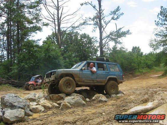 Blue Jeep Cherokee XJ navigating rocky terrain off-road