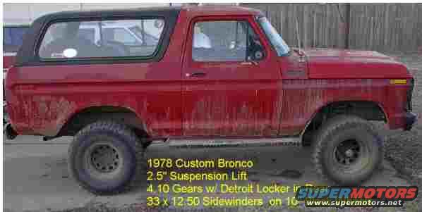 Red 1978 Ford Bronco side view with suspension lift and large tires