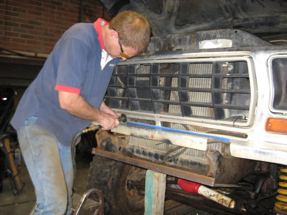 1978 Ford Bronco grille being worked on