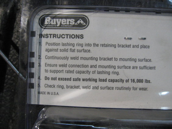 Buyers Products Company instructions for a lashing ring, including safe working load capacity of 16,000 lbs
