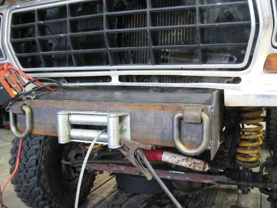 1978 Ford Bronco front end with custom steel winch bumper and D-rings installed