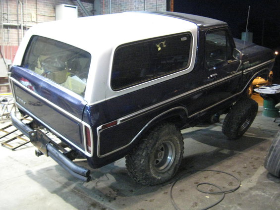 Dark blue and white 1978 Ford Bronco rear quarter view