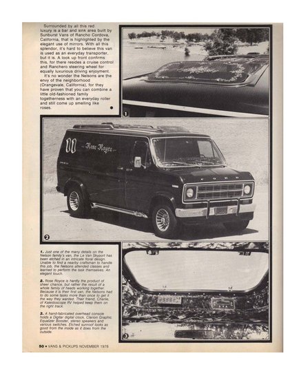Black Ford van, 3/4 front view, custom "Rose Royce" lettering on side, aftermarket wheels, sun roof