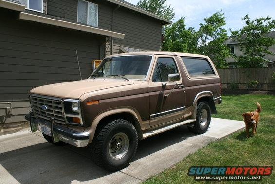 Brown and tan Ford Bronco parked in a driveway with a dog nearby