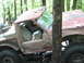 1991 Ford Bronco - A damaged red 1991 Ford Bronco is stuck in a wooded area with other vehicles visible in the background.