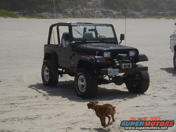 Black 1995 Jeep Wrangler on beach, dog running in foreground. Another vehicle partially visible to the right