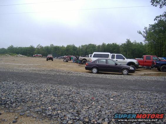 Cars and trucks parked in a lot with trees in the background