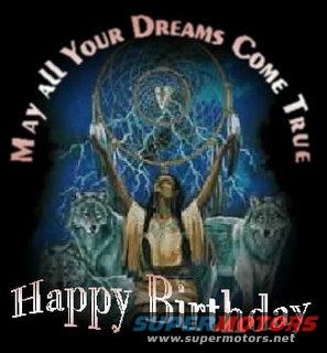 Native American woman holding a dreamcatcher with two wolves, text 'MAY ALL YOUR DREAMS COME TRUE' and 'Happy Birthday'