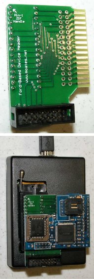 Ford EEC-IV diagnostic adapter with 'Ford-Based Device Header' text and website www.moates.net. A USB cable is connected to a black enclosure containing circuit boards