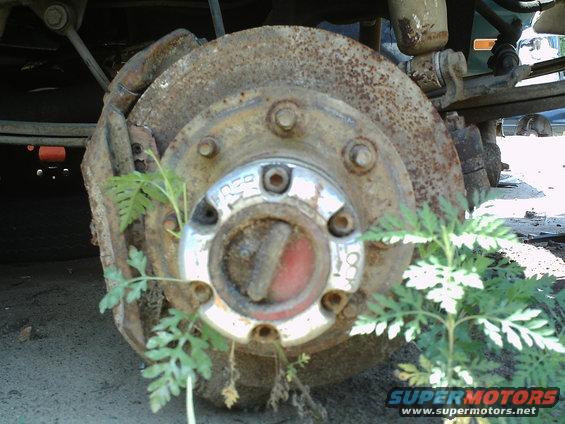 close-up of a rusty wheel hub with plants growing around it. The hub has a red and silver center cap with text that says 'LOCK' and 'AUTO'