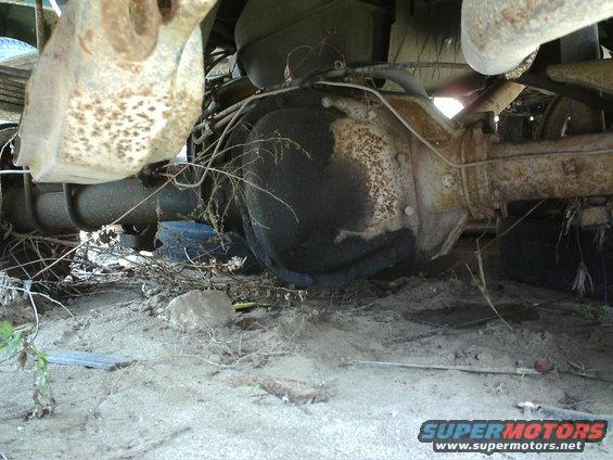 Rear axle assembly with rust and oil stains, leaf springs, and exhaust pipe. Overgrown with weeds and debris