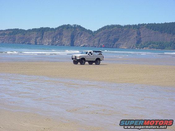 White SUV parked on a sandy beach with ocean and cliffs in the background