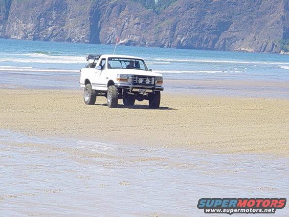 White Ford F-Series pickup truck with off-road modifications parked on a sandy beach near the ocean