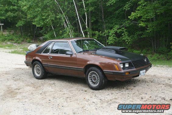 Brown Ford Mustang with a black hood scoop parked on a dirt road