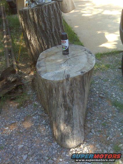Tree stump with a can of spray paint on top. Another stump and some tools are in the background