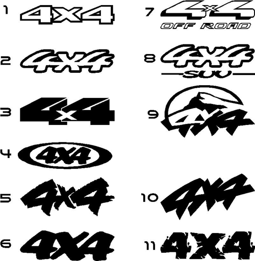 Collection of 11 different 4x4 decals, some with text like 'OFF ROAD' and 'SUV'