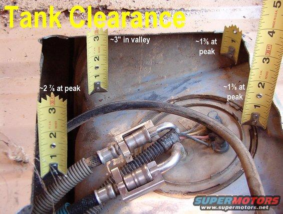 15adistance.jpg Tank Clearances for standard body mounts in good condition (these are Energy polyurethane).  Collapsed mounts will provide less clearance; a body lift will provide more.

If using a reciprocating saw (sawzall, jigsaw, etc.), consider the blade's MAXIMUM depth from the shoe.  If using a cutting wheel, consider where the hot sparks are going. But an air hammer with slitting chisel would have been safer, quieter, & quicker. And it would have produced no shavings, and couldn't have damaged the hose or fuel lines, even if it touched them.

[url=https://www.supermotors.net/vehicles/registry/media/1158168_1][img]https://www.supermotors.net/getfile/1158168/thumbnail/20200318_154121.jpg[/img][/url]

Before attempting to disconnect this style of fuel lines ('92-96), read this caption:
[url=http://www.supermotors.net/registry/media/497461][img]http://www.supermotors.net/getfile/497461/thumbnail/fuelfittings.jpg[/img][/url]

Older fuel lines are much easier to remove, cut, and MELT.

Once they're off, and the plate is clean, use a non-sparking (brass) drift & hammer to turn the lock ring CCW.  If it's stuck, the only acceptable lubricant is CLEAN MOTOR OIL.  No penetrating oil; no silicone lube; no grease; no WD40.

For more about repairing the FDM or replacing the pump, read all the captions in this album:

[url=http://www.supermotors.net/registry/2742/12737-4][img]http://www.supermotors.net/getfile/72010/thumbnail/j-3.jpg[/img][/url]

For info about reparing the level sender, read these:

[url=http://www.supermotors.net/registry/2742/77131-4][img]http://www.supermotors.net/getfile/875334/thumbnail/fuellevel11.jpg[/img][/url]