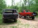 1994 Ford F-250 - Two Ford trucks, a red F-250 pickup and a black Bronco, are parked off-road in a forest.